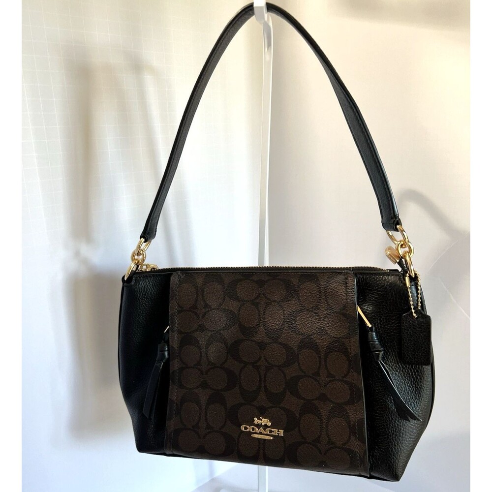 COACH Small Marlon Shoulder Bag in Signature Canvas color Black/Beige 1597